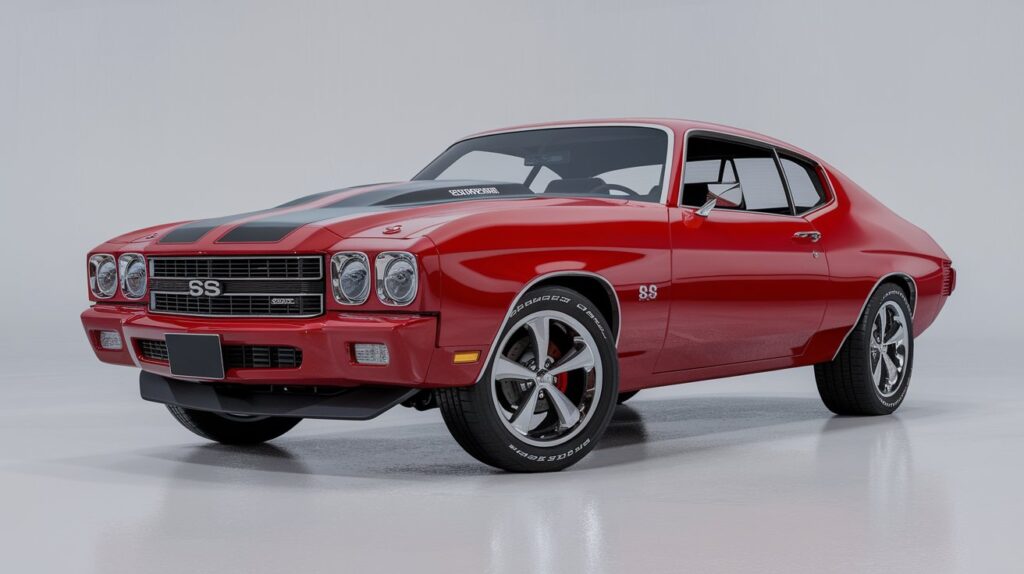 Front view of a reimagined 1970 Chevelle Super Sport (70/SS) with a sleek red exterior, bold chrome grille, aggressive headlights, and wide tires with sporty alloy rims, set against a clean white background.