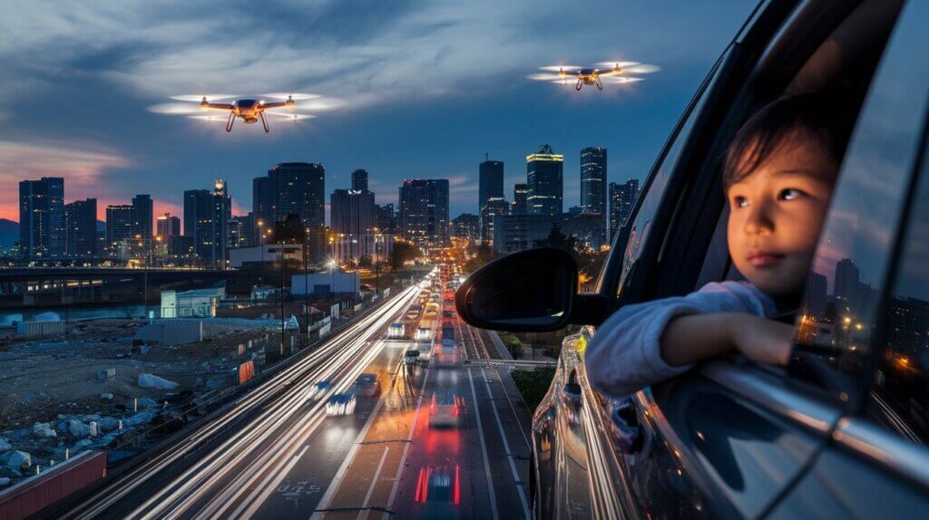 A time-lapse of Seoul’s skyline as day turns to night. Headlights trace veins of movement across a city once reduced to rubble. A child peers through a car window, watching drones fly across the sky.