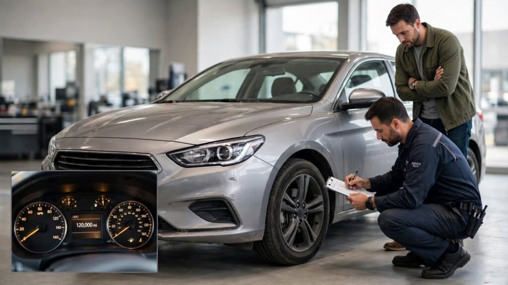 Professional mechanic inspecting a well-maintained silver used sedan with 120,000 miles on the odometer while a buyer evaluates the car in a bright dealership inspection bay